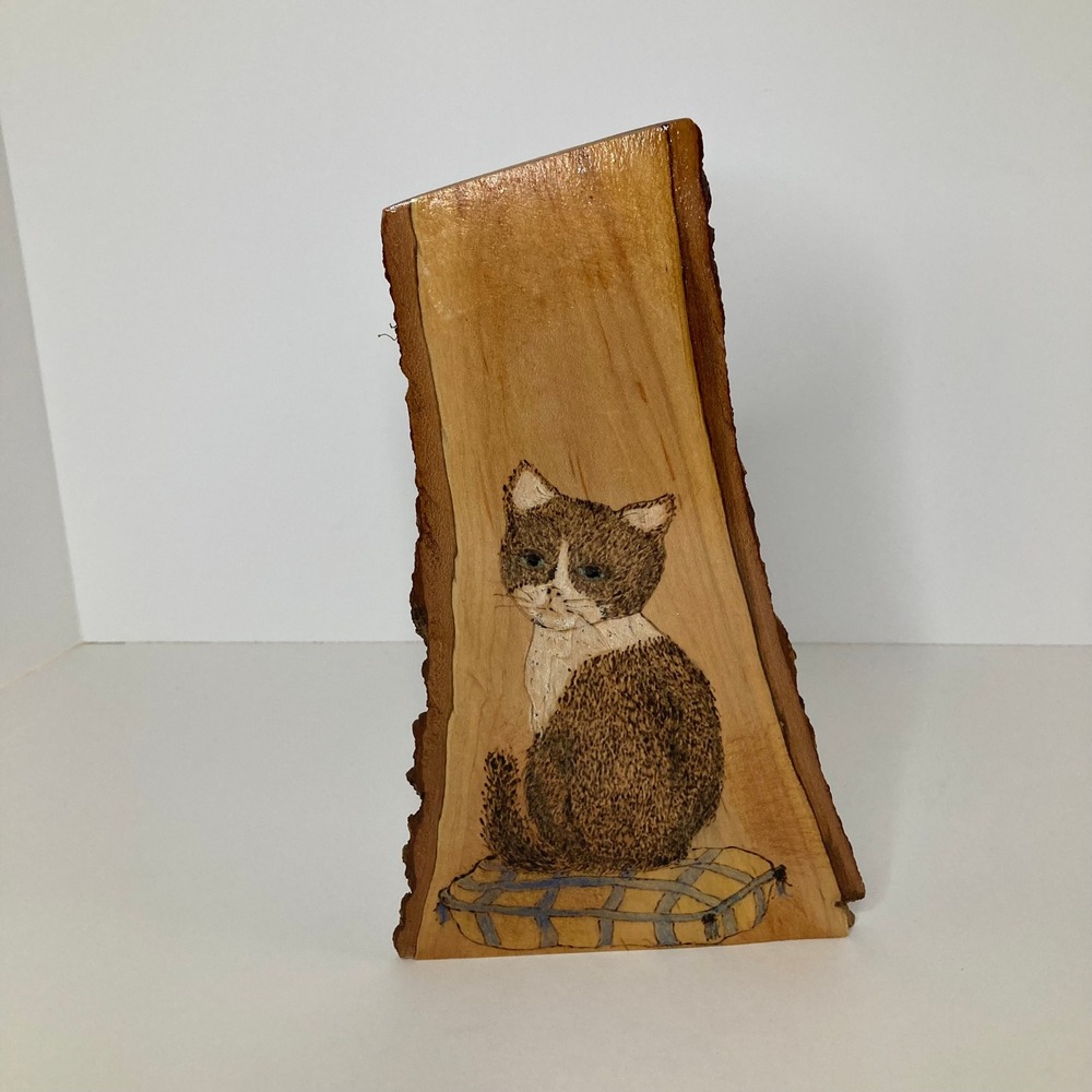 Hand Painted Cat On Wood Slice Rustic Folk Art S Burgett 2017